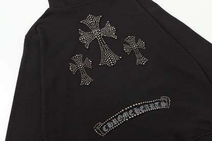 Chrome Hearts ラインストーン クロス パーカー - ブラック ゴシック ストリートウェア スウェットシャツ 2633 